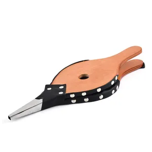 Detail view of a manual wooden BBQ fire bellows with leather and metal nozzle