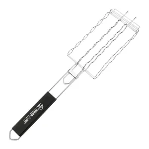 Stainless steel sausage grill basket with black insulated handle for outdoor BBQ