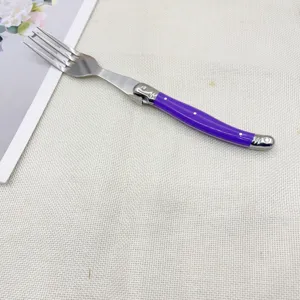 Edelstahl Gabel mit violettem Griff Detail fur Steak und westliches Essen im Detail gezeigt.