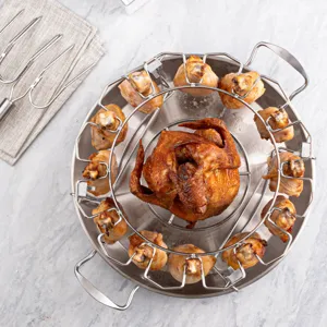 Stainless steel circular roaster rack with hooks for chicken legs and whole chicken.