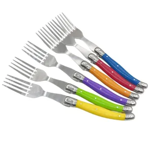 Set mit 6 bunten Edelstahldinnergabeln mit stilvollen Griffen für Küche und Steakessen.