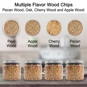 Selection of premium wood smoking chips including hickory cherry and apple flavors