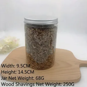 Close-up of canned wood chips for smoking, 250g weight and 9.5x14.5cm size details