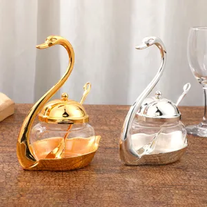 Pot à Assaisonnement Cygne Européen Alliage de Zinc Verre Céramique Sucrier Conteniteur de Cuisine avec Cuillère Luxe