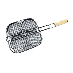 Close-up of 4-hole black non-stick burger patty grill basket with wooden handle