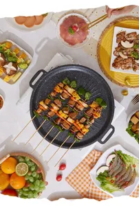 Top view of non-stick Korean grill pan with delicious BBQ skewers in a dining scene