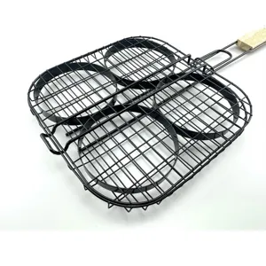 Professional 4-hole non-stick burger patty grill basket with protective wood handle