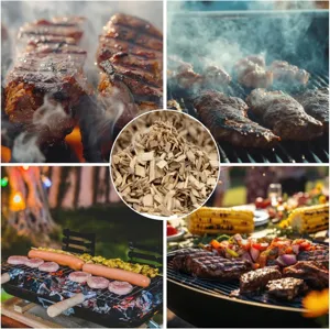 Natural wood chips for cocktail smoking shown with BBQ food in an outdoor setting
