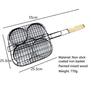 4-hole non-stick hamburger patty grill basket with wooden handle for BBQ