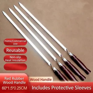 Präzisionsgefertigte 60 cm Edelstahl-Grillspieße mit ergonomischen roten Gummiaufholzgriffen.