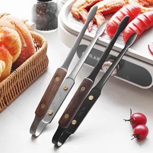 Premium 304 stainless steel food tongs with walnut wood handle for BBQ steak and salad