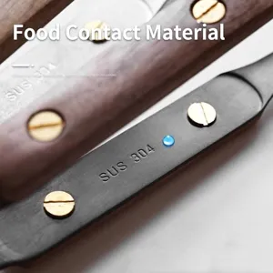Premium 304 stainless steel food tongs featuring walnut wood handle and engraved SUS 304 logo