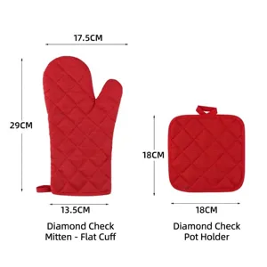 Red quilted heat resistant oven mitt and pot holder set showing product dimensions for baking