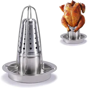 Detachable stainless steel vertical chicken roaster rack with drip pan for BBQ