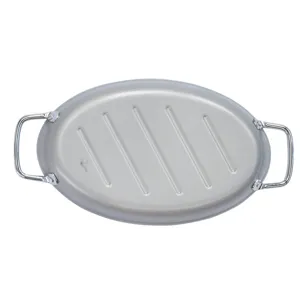 Top view of a professional silver non-stick oval grilling tray with sturdy side handles