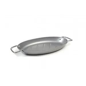 Silver non-stick oval grill pan with side handles for BBQ fish and vegetables