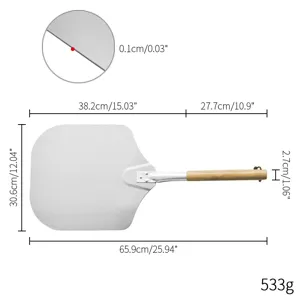 12-inch aluminum pizza peel dimensions showing total length 65.9cm and oak handle