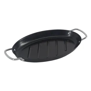 Oval black non-stick grill pan with silver handles for BBQ vegetables and seafood.