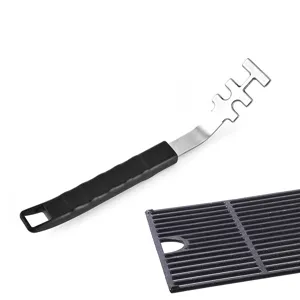 Detail view of a stainless steel BBQ grill grate lifter with heat-resistant handle