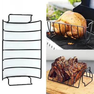 Detailed view of the black non-stick BBQ rib rack showing versatile grilling usage
