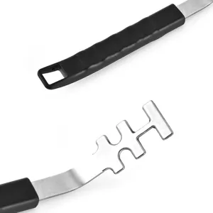 Detailed close-up of a stainless steel BBQ grate lifter with a black heat-resistant handle
