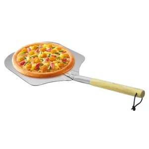 12-inch aluminum pizza peel with oak handle shown holding a fresh pizza on white