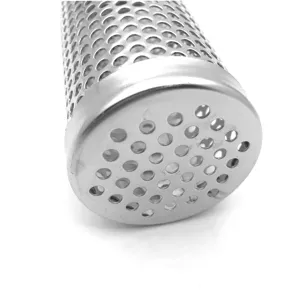 Close-up of stainless steel cylindrical mesh BBQ pellet smoker tube bottom