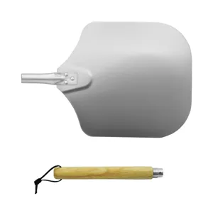 Detail showing detachable 12-inch aluminum pizza peel head and solid oak handle