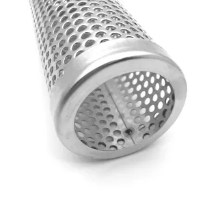 Detail view of the perforated stainless steel mesh smoker tube for pellet BBQ smoking