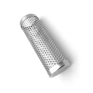 Detailed macro view of a perforated stainless steel cylindrical BBQ pellet smoker tube