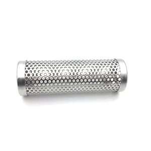 Detailed view of stainless steel cylindrical mesh pellet smoker tube for BBQ smoking