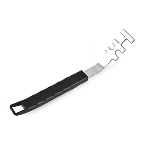 Macro view of stainless steel BBQ grate lifter featuring a durable black anti-scald handle