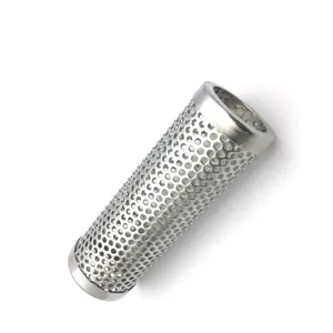 Close-up detail of stainless steel perforated smoker tube for wood pellets BBQ