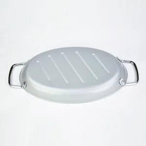 Premium silver oval non-stick grill pan with dual handles for BBQ meat and fish roasting
