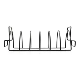 Durable black non-stick metal rib rack with handles for grilling lamb and beef steaks