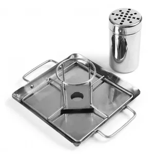 Detailed view of the stainless steel beer can chicken roaster with square grill pan