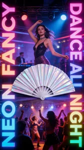 Detail view of iridescent 33cm PVC folding fan showcased in a neon party atmosphere