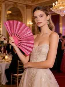 Elegante abanico plegable rosa con purpurina sostenido por una modelo en un salón