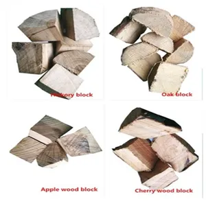 Mixed BBQ wood blocks including Hickory, Oak, Apple, and Cherry for smoking meat.