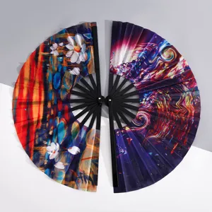33cm Large Folding Fan Plastic Bone Oxford Cloth Kung Fu Hand Fan Art Print Decorative Fan For Party Performance Dance Universal