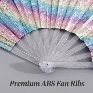 Detail of 33cm holographic PVC folding fan featuring premium glitter transparent ABS ribs