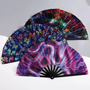 Set of 3 decorative 33cm folding fans with vibrant butterfly and neon geometric patterns