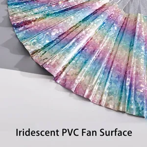 Iridescent PVC laser folding fan with 33cm transparent ribs for festivals and parties.