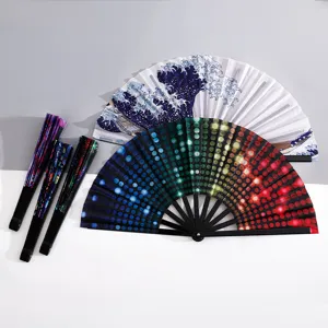 33cm large folding fans featuring Great Wave off Kanagawa and vibrant colorful dot patterns