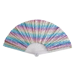 33cm holographic laser folding fan with transparent plastic ribs for parties