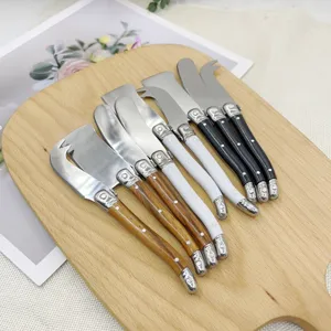 Close-up of Laguiole style stainless steel cheese knife set with colorful handles