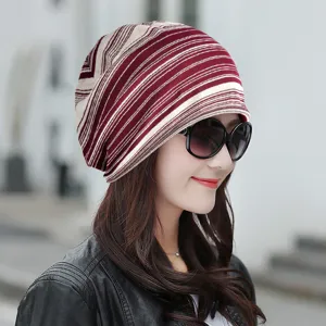 Stylish red and white striped cotton slouchy beanie hat for men and women in spring