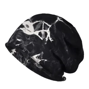 Stylish black and white tie-dye slouchy beanie hat for men and women with rolled edge design