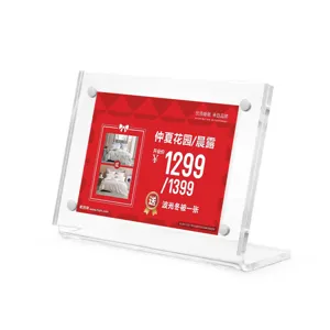 Transparent L-shaped acrylic desk sign holder for price cards and display advertisements