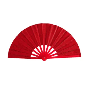 Elegante ventaglio pieghevole rosso glitterato 26cm con stecche in plastica per nozze
